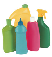 Bottles of various household chemicals.